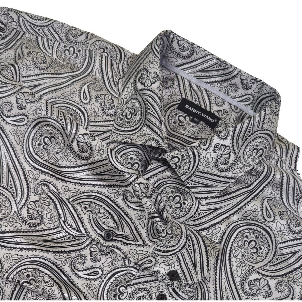 Barry Wang Men's Button Down Dress Shirt Silver Black Paisley 4XLT Long Sleeve